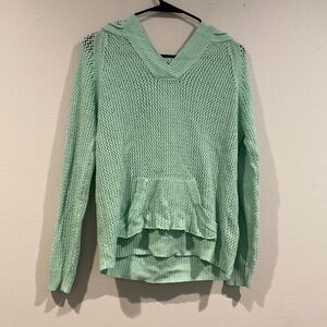 Teal Knitted Sweater with Hood and Faux Pocket - Shirt 469 - Size Small
